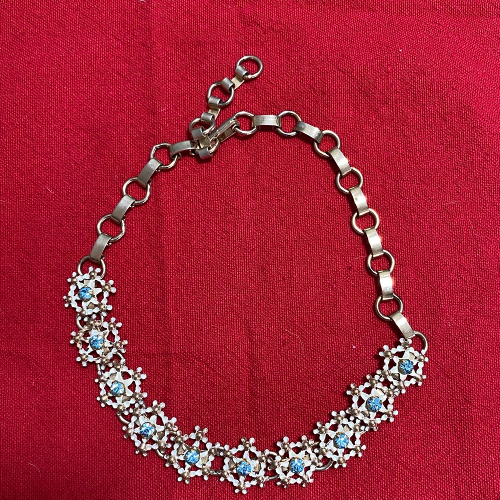 Vintage blue rhinestone on white “snowflakes” on large link goldtone chain